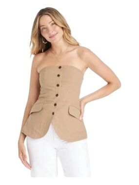 Universal Thread Tan Button-Front V-Hem Cotton Top